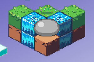Isometrisk pixelgrafik med tre grästäckta block, ett vattenfall och en stor sten i mitten