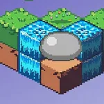 Isometrisk pixelgrafik med tre grästäckta block, ett vattenfall och en stor sten i mitten