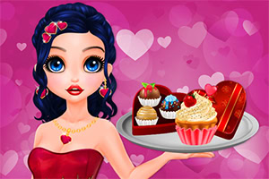 Tecknad flicka med mörkt hår och hjärtdekorationer håller en bricka med cupcakes och chokladpraliner på en rosa hjärtbakgrund