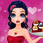 Tecknad flicka med mörkt hår och hjärtdekorationer håller en bricka med cupcakes och chokladpraliner på en rosa hjärtbakgrund