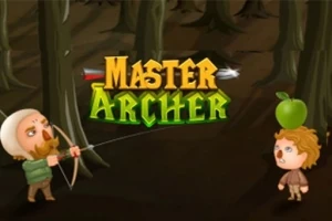 En tecknad bild visar en bågskytt som siktar mot ett äpple på en annan persons huvud, med texten Master Archer i mitten