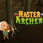 En tecknad bild visar en bågskytt som siktar mot ett äpple på en annan persons huvud, med texten Master Archer i mitten