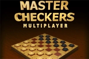 Texten MASTER CHECKERS MULTIPLAYER ovanför ett schackbräde med bruna och vita brädor samt svarta och vita spelpjäser