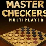 Texten MASTER CHECKERS MULTIPLAYER ovanför ett schackbräde med bruna och vita brädor samt svarta och vita spelpjäser