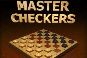 Bräde med schackrutig design och spelpjäser i kontrasterande färger under texten MASTER CHECKERS