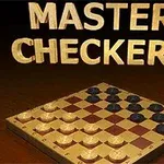 Bräde med schackrutig design och spelpjäser i kontrasterande färger under texten MASTER CHECKERS