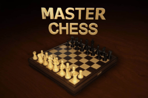 Schackbräde i trä med vita och svarta pjäser, med texten MASTER CHESS i guld ovanför