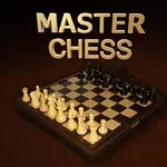 Schackbräde i trä med vita och svarta pjäser, med texten MASTER CHESS i guld ovanför