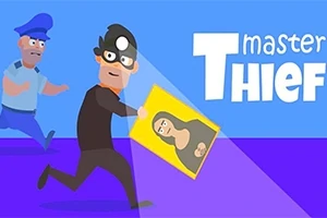 En tecknad tjuv bär en tavla medan en polis jagar honom, med texten master THIEF i bakgrunden