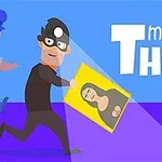 En tecknad tjuv bär en tavla medan en polis jagar honom, med texten master THIEF i bakgrunden