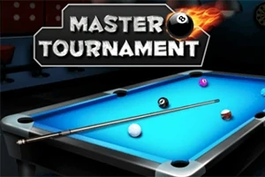 Biljardbord med nummererade bollar och en biljardkö under en skylt med texten Master Tournament