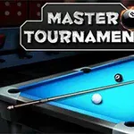 Biljardbord med nummererade bollar och en biljardkö under en skylt med texten Master Tournament