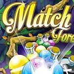 Texten Match 3 Forest med en bakgrund av skogselement och färgglada flaskor