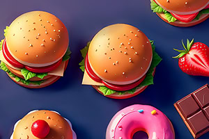 Färgglad illustration med tre hamburgare, en munk med rosa glasyr, en jordgubbe och en chokladbit på mörkblå bakgrund