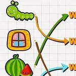 Tecknad larv och meloner med diagramlinjer och textetiketter på ett rutat papper