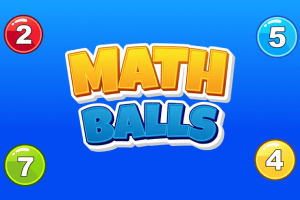 Texten MATH BALLS i mitten med färgglada siffror 2, 5, 7 och 4 i bollar runtomkring på blå bakgrund
