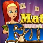 Illustration med en kvinna med rött hår, texten Math Fun och matematiska symboler på en färgglad bakgrund