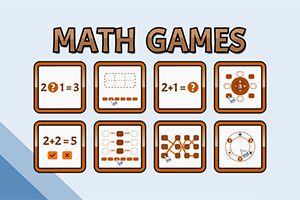 Sju ikoner med brädspels- och matematikmotiv under rubriken Math Games