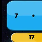 Blå rektangel med matematisk ekvation, 7 + 14, ovanför en gul rektangel med siffran 17