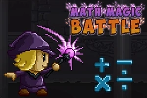 Tecknad figur i lila kläder och hatt som svingar en trollstav framför matematiska symboler och texten Math Magic Battle