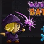 Tecknad figur i lila kläder och hatt som svingar en trollstav framför matematiska symboler och texten Math Magic Battle