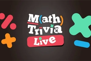 Färgglada matematiska symboler och texten Math Trivia Live på mörk bakgrund