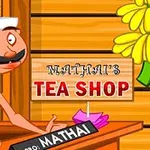 Tecknad man i traditionell klädsel står vid en tebutik med ett skylt Mathais Tea Shop och en blomsterdekoration i bakgrunden