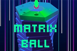 Färgglada staplade hexagoner med en grön prick ovanpå och texten MATRIX BALL i neonstil