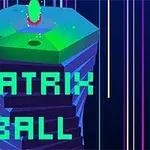 Färgglada staplade hexagoner med en grön prick ovanpå och texten MATRIX BALL i neonstil