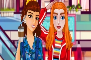 Två animerade flickor, en med kaffe i handen, står bredvid varandra i en modern inomhusmiljö