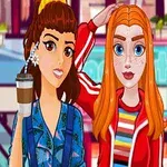 Två animerade flickor, en med kaffe i handen, står bredvid varandra i en modern inomhusmiljö