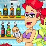 En tecknad scen där en kvinna i bikini blandar drinkar medan ett grönt monster smyger bakom henne