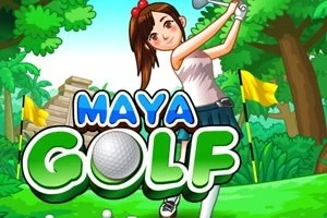 Tecknad flicka spelar golf i en grön skogsmiljö med texten Maya Golf i förgrunden