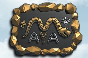 En dekorativ skylt med ett ormsymbol och texten MAYA, omgiven av gyllene dekorativa element