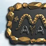 En dekorativ skylt med ett ormsymbol och texten MAYA, omgiven av gyllene dekorativa element