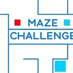 Blått labyrintmönster med texten Maze Challenge och röda samt blå kvadratiska element