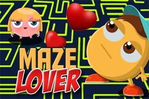 Tecknade karaktärer med hjärtan och texten Maze Lover framför en grön labyrintbakgrund