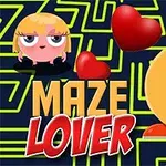 Tecknade karaktärer med hjärtan och texten Maze Lover framför en grön labyrintbakgrund
