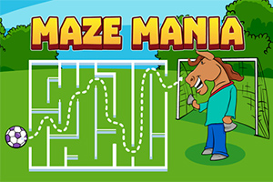 Labyrint med en fotboll till vänster och en häst vid ett mål till höger, med texten Maze Mania längst upp