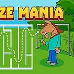 Labyrint med en fotboll till vänster och en häst vid ett mål till höger, med texten Maze Mania längst upp