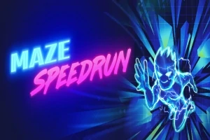 Texten Maze Speedrun i neonfärger bredvid en stiliserad figur i rörelse mot en bakgrund av ljusa, dynamiska linjer