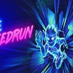 Texten Maze Speedrun i neonfärger bredvid en stiliserad figur i rörelse mot en bakgrund av ljusa, dynamiska linjer