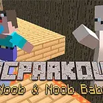 Två blockfigurer, en i blå tröja och lila byxor och den andra vit, rör sig på en plattform över orange lava med texten MCPARKOUR Noob & Noob Baby i förgrunden