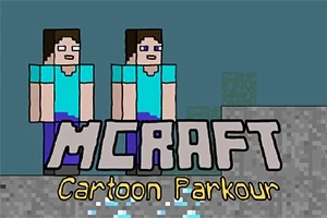 Två tecknade figurer i rutiga kläder med texten MCRAFT Cartoon Parkour framför en grå och blå bakgrund