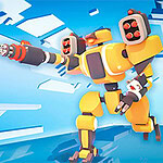 En futuristisk gul robot med stora vapen står på en blå bakgrund med svävande drönare