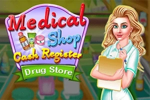 Kvinna i uniform står framför en skylt med texten Medical Shop Cash Register Drug Store och håller en anteckningsblock