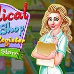 Kvinna i uniform står framför en skylt med texten Medical Shop Cash Register Drug Store och håller en anteckningsblock
