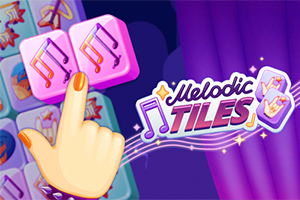 Ett finger pekar på rosa brickor med musiknoter bredvid logotypen Melodic Tiles på en lila bakgrund