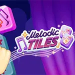 Ett finger pekar på rosa brickor med musiknoter bredvid logotypen Melodic Tiles på en lila bakgrund