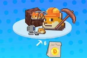 En pixlad hamster med hjälm och hacka, en gammal dator samt en säck med mynt på en blå prickig bakgrund